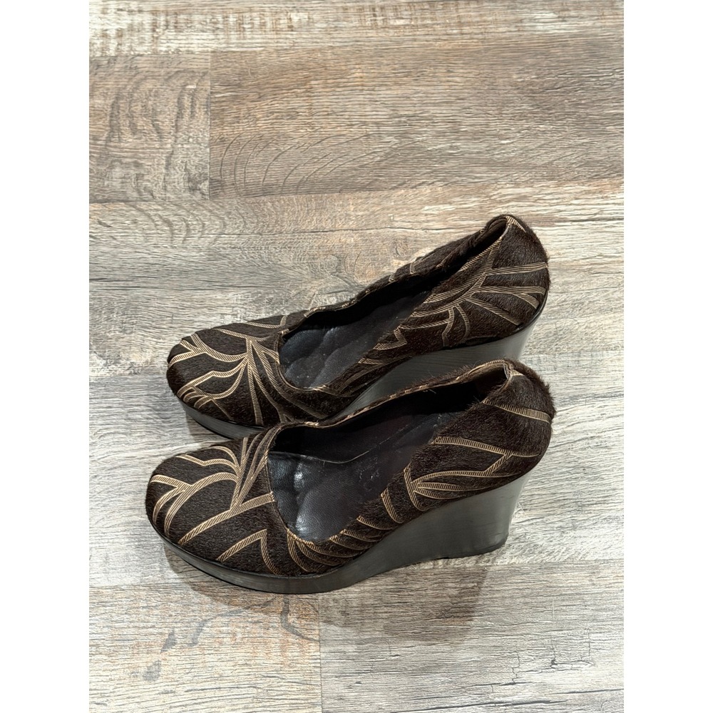 Baldini Italy Brown Calf Hair Embroidered Leaf Wedge Platform Pumps Womens 38 View 4
